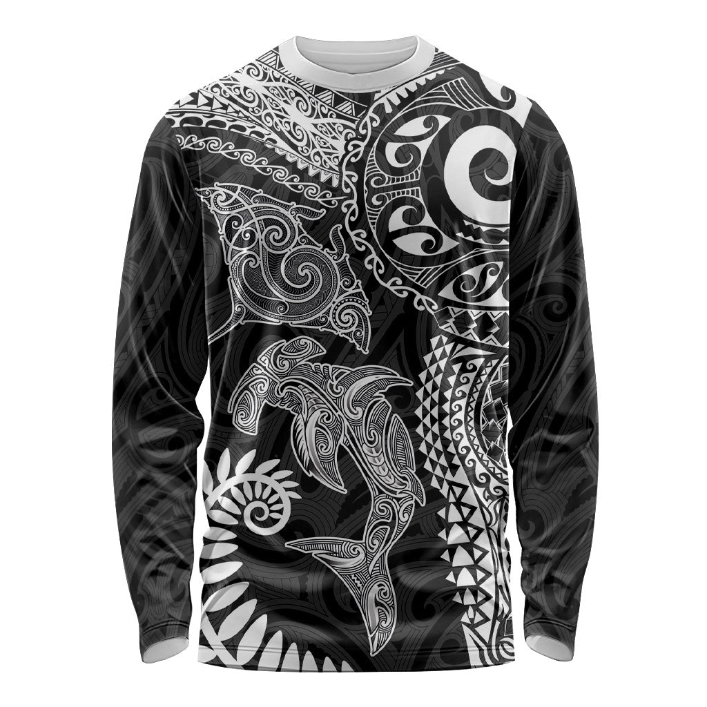 Aotearoa Maori Sea Animals Tribal Long Sleeve Shirt Manta Ray and Shark Moko Pattern Black Color