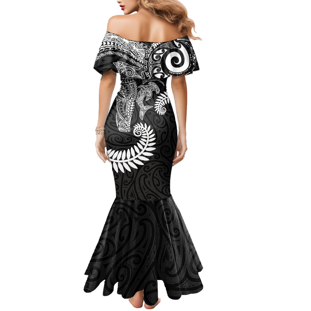 Aotearoa Maori Sea Animals Tribal Mermaid Dress Manta Ray and Shark Moko Pattern Black Color