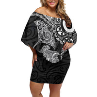 Aotearoa Maori Sea Animals Tribal Off Shoulder Short Dress Manta Ray and Shark Moko Pattern Black Color