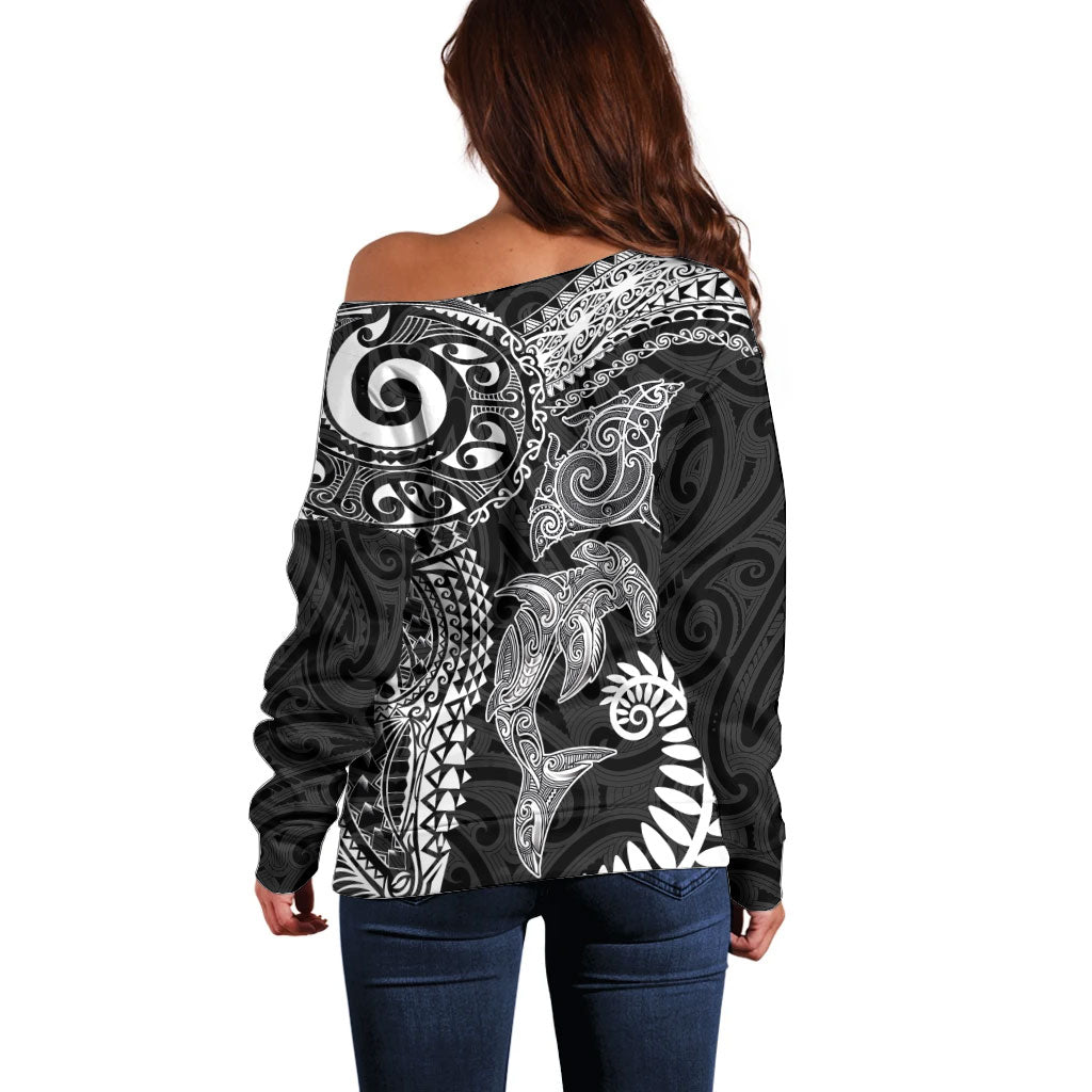 Aotearoa Maori Sea Animals Tribal Off Shoulder Sweater Manta Ray and Shark Moko Pattern Black Color