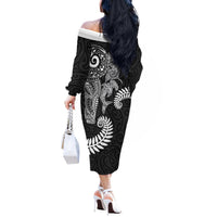 Aotearoa Maori Sea Animals Tribal Off The Shoulder Long Sleeve Dress Manta Ray and Shark Moko Pattern Black Color