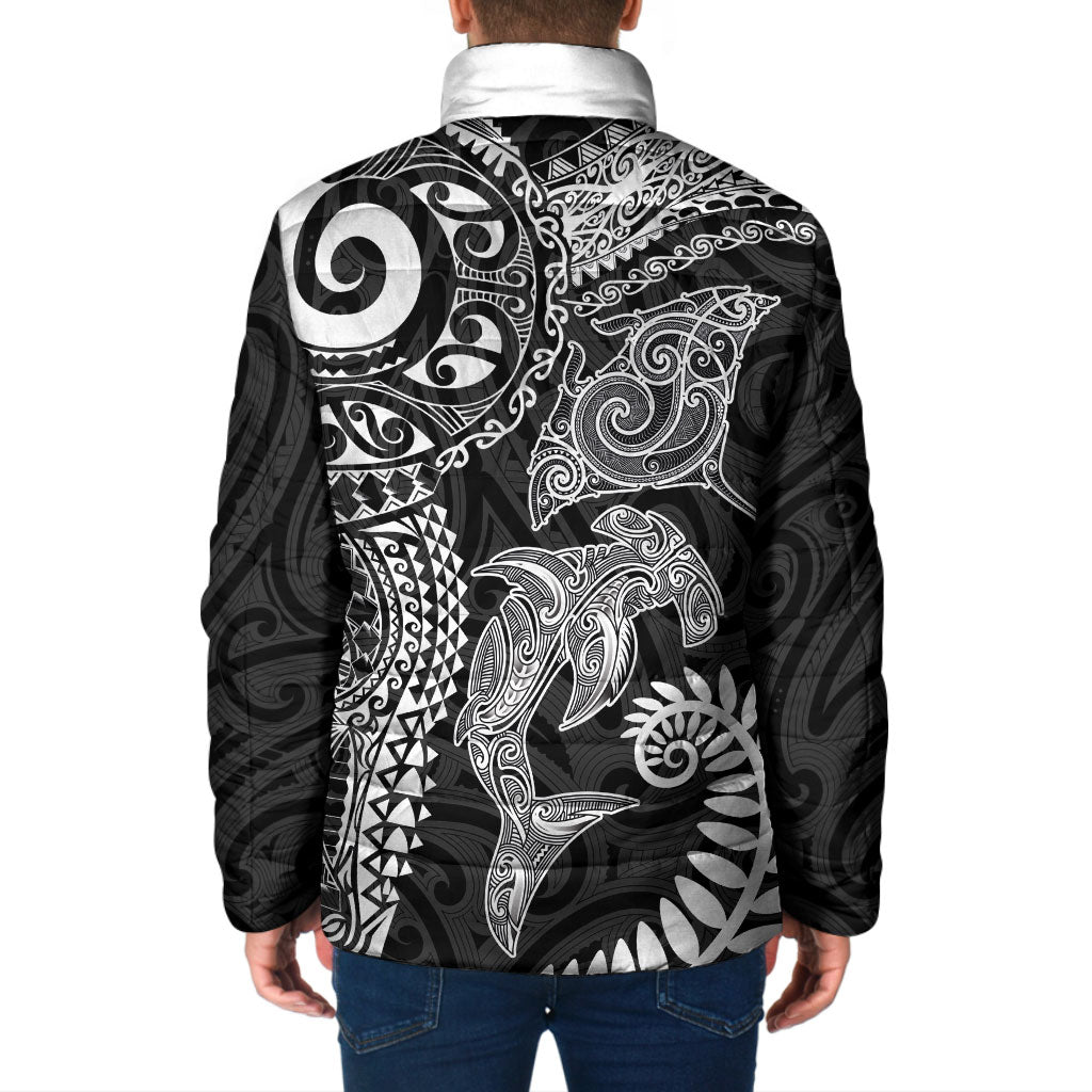 Aotearoa Maori Sea Animals Tribal Padded Jacket Manta Ray and Shark Moko Pattern Black Color