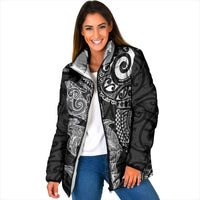 Aotearoa Maori Sea Animals Tribal Padded Jacket Manta Ray and Shark Moko Pattern Black Color