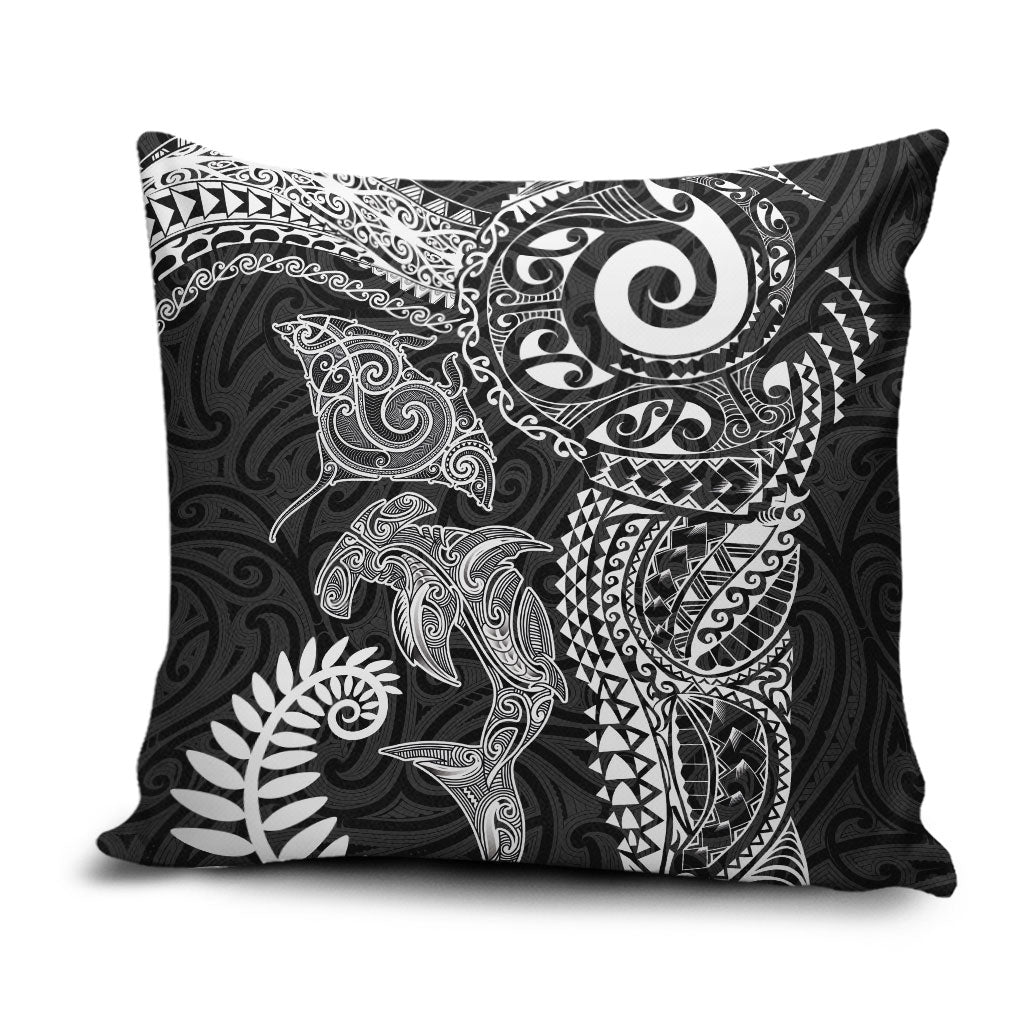Aotearoa Maori Sea Animals Tribal Pillow Cover Manta Ray and Shark Moko Pattern Black Color