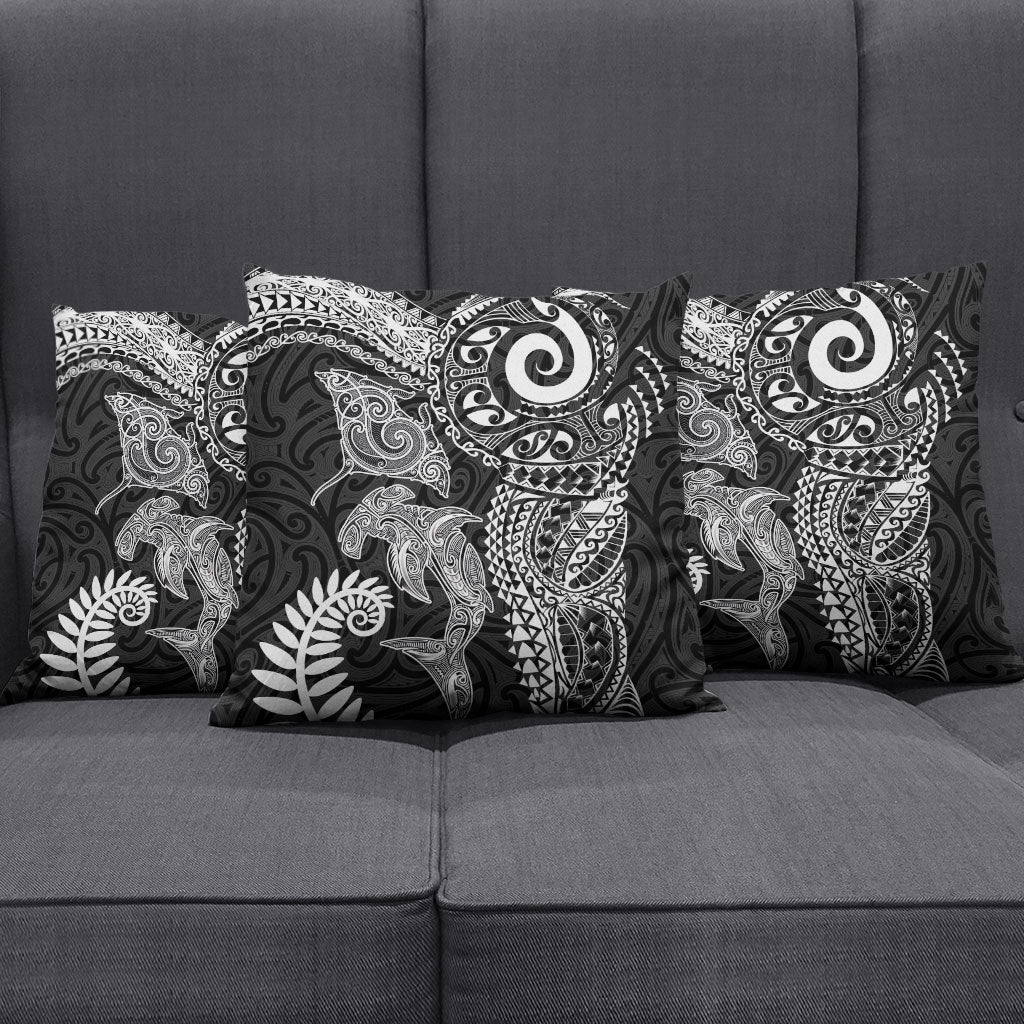 Aotearoa Maori Sea Animals Tribal Pillow Cover Manta Ray and Shark Moko Pattern Black Color