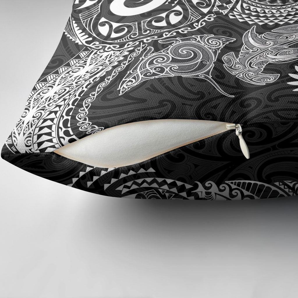Aotearoa Maori Sea Animals Tribal Pillow Cover Manta Ray and Shark Moko Pattern Black Color