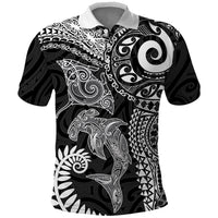 Aotearoa Maori Sea Animals Tribal Polo Shirt Manta Ray and Shark Moko Pattern Black Color