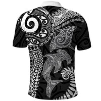 Aotearoa Maori Sea Animals Tribal Polo Shirt Manta Ray and Shark Moko Pattern Black Color