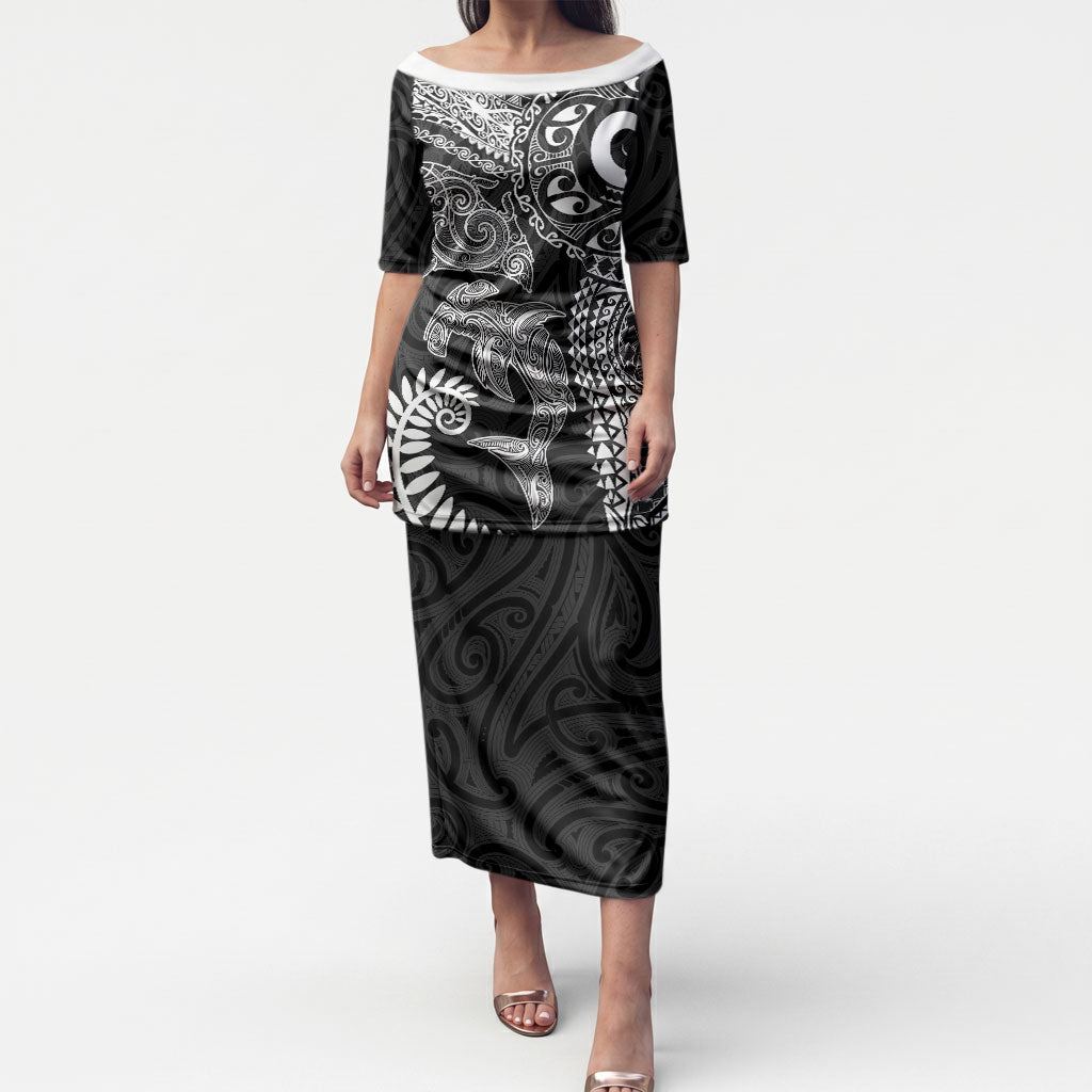 Aotearoa Maori Sea Animals Tribal Puletasi Manta Ray and Shark Moko Pattern Black Color LT03 Long Dress Black - Polynesian Pride