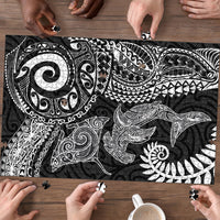 Aotearoa Maori Sea Animals Tribal Puzzle Manta Ray and Shark Moko Pattern Black Color