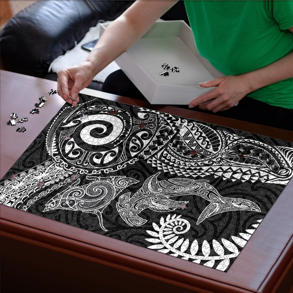 Aotearoa Maori Sea Animals Tribal Puzzle Manta Ray and Shark Moko Pattern Black Color