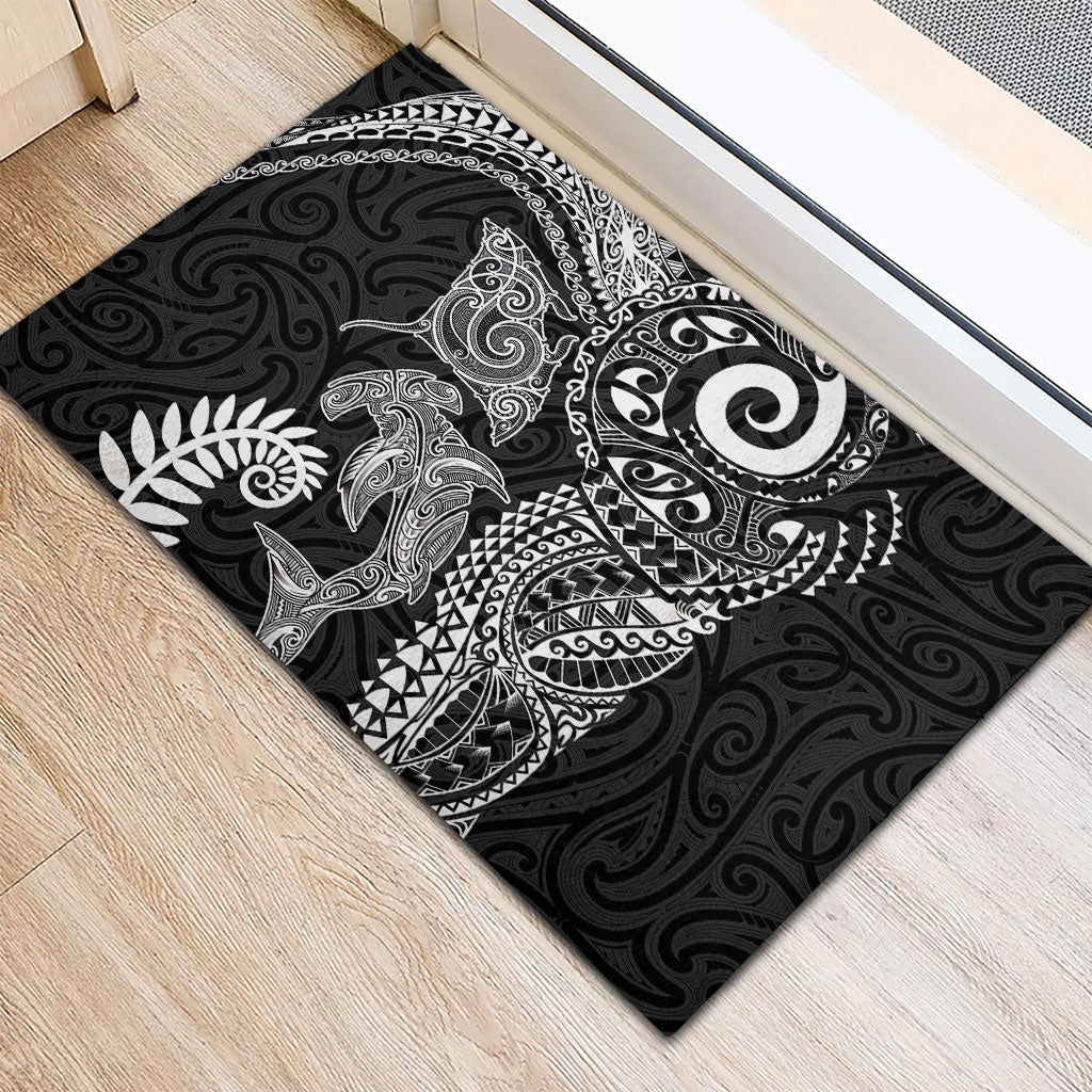 Aotearoa Maori Sea Animals Tribal Rubber Doormat Manta Ray and Shark Moko Pattern Black Color