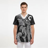 Aotearoa Maori Sea Animals Tribal Scrub Top Manta Ray and Shark Moko Pattern Black Color