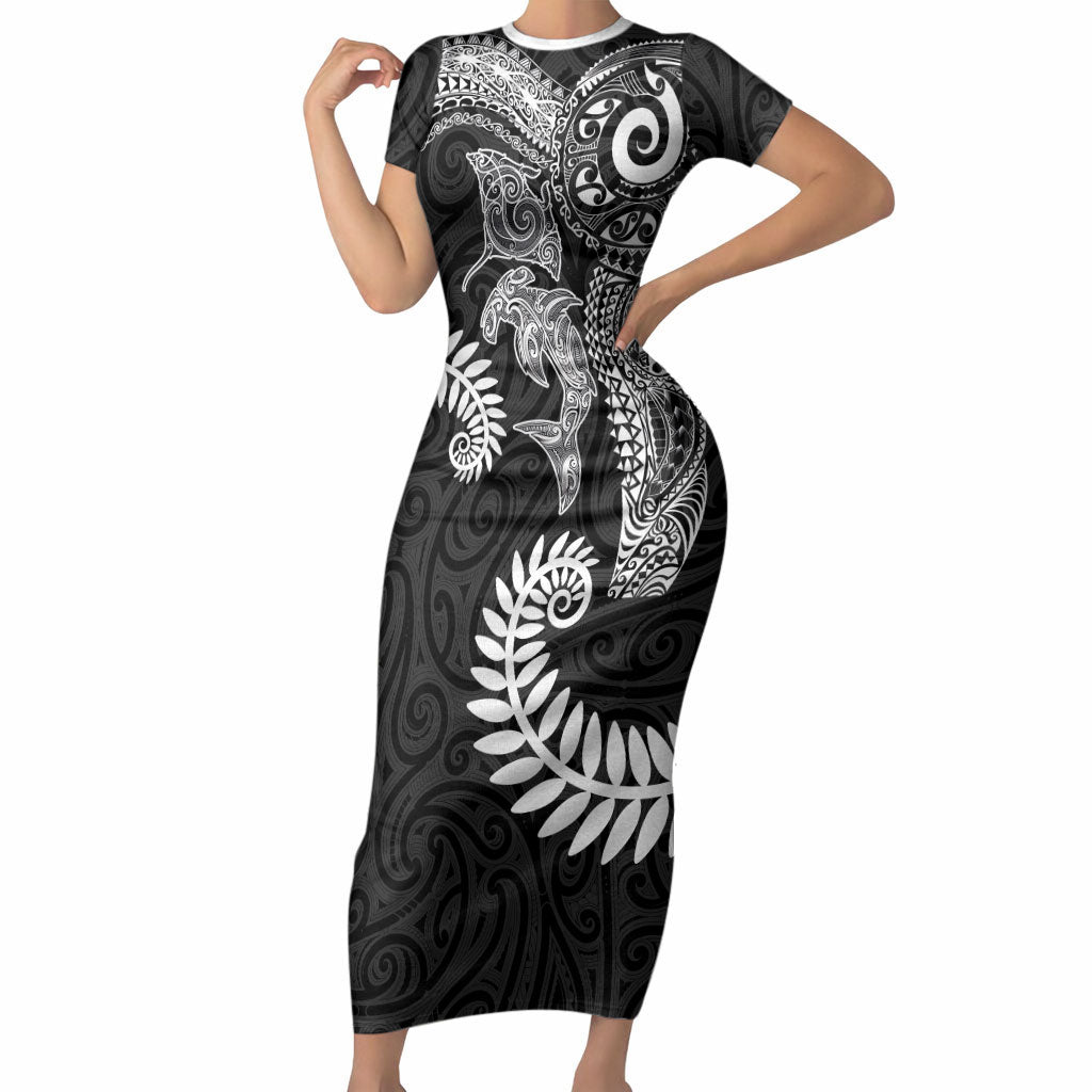 Aotearoa Maori Sea Animals Tribal Short Sleeve Bodycon Dress Manta Ray and Shark Moko Pattern Black Color LT03 Long Dress Black - Polynesian Pride