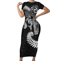 Aotearoa Maori Sea Animals Tribal Short Sleeve Bodycon Dress Manta Ray and Shark Moko Pattern Black Color