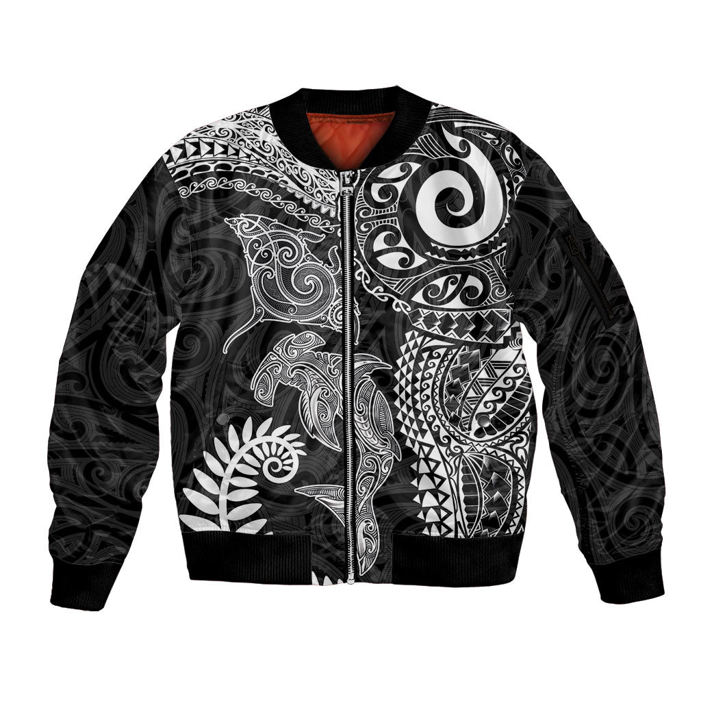 Aotearoa Maori Sea Animals Tribal Sleeve Zip Bomber Jacket Manta Ray and Shark Moko Pattern Black Color LT03 Unisex Black - Polynesian Pride