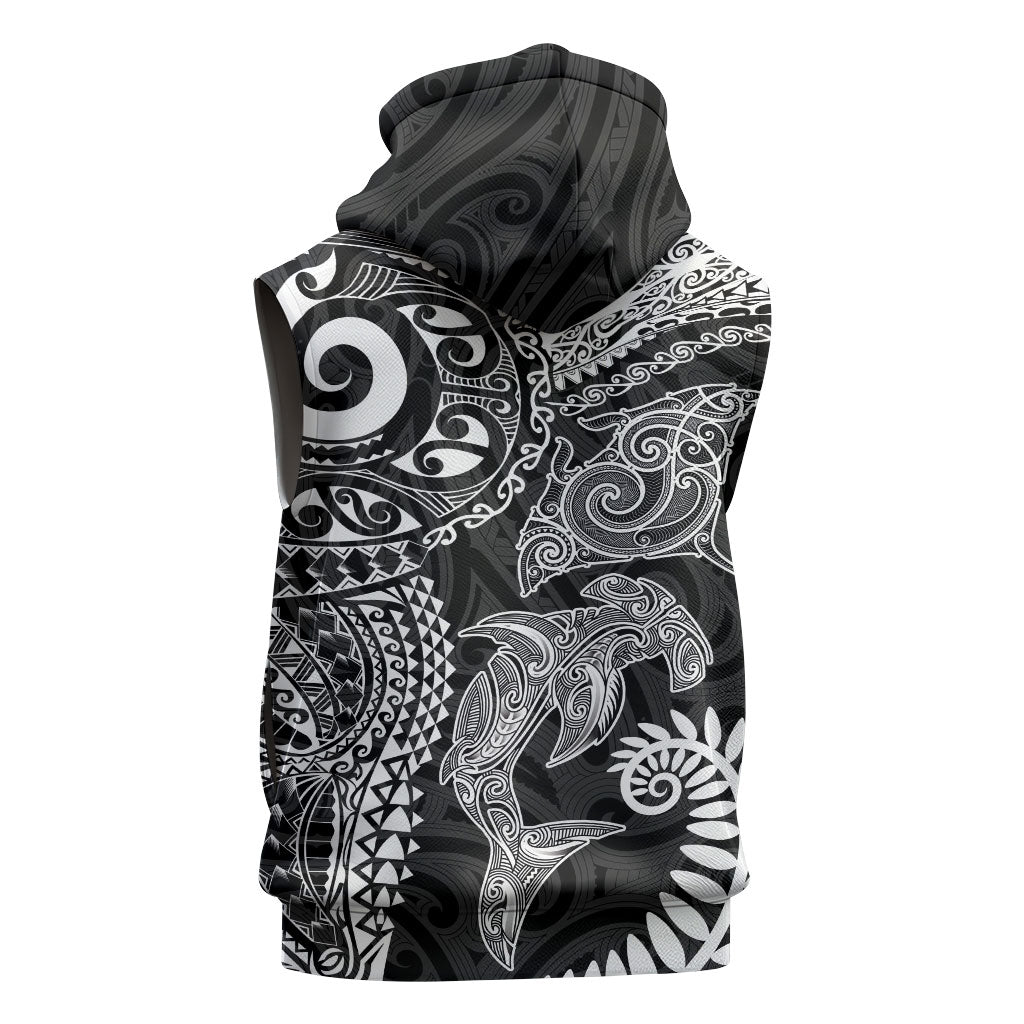 Aotearoa Maori Sea Animals Tribal Sleeveless Hoodie Manta Ray and Shark Moko Pattern Black Color