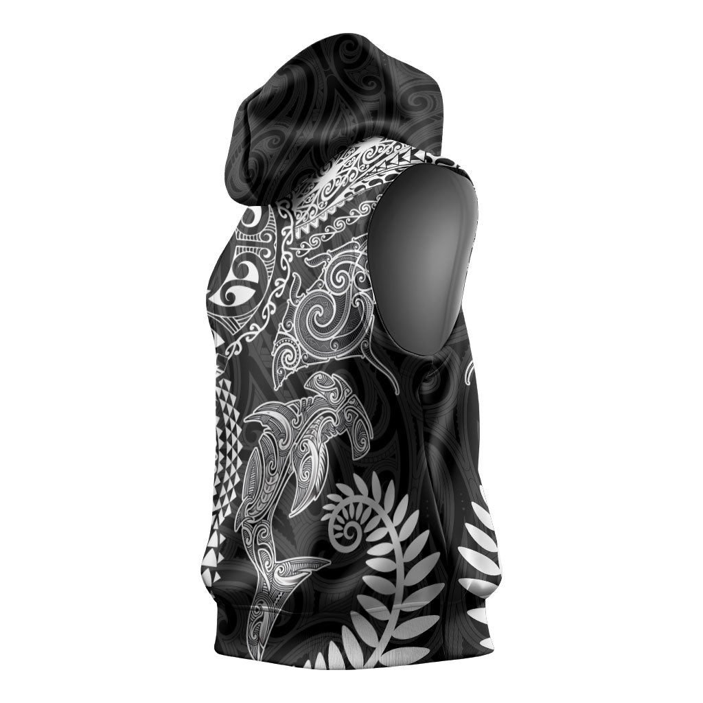 Aotearoa Maori Sea Animals Tribal Sleeveless Hoodie Manta Ray and Shark Moko Pattern Black Color