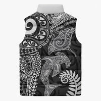 Aotearoa Maori Sea Animals Tribal Sleeveless Puffer Jacket Manta Ray and Shark Moko Pattern Black Color