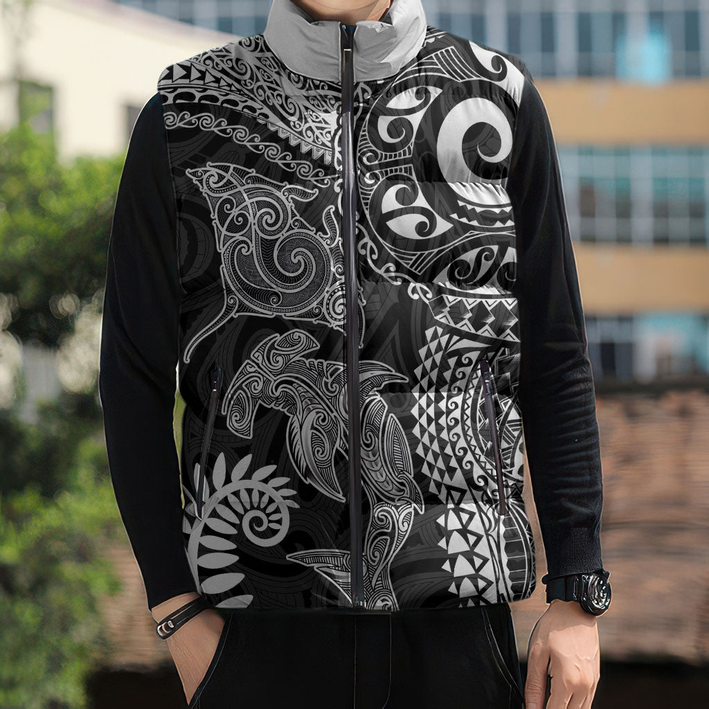 Aotearoa Maori Sea Animals Tribal Sleeveless Puffer Jacket Manta Ray and Shark Moko Pattern Black Color