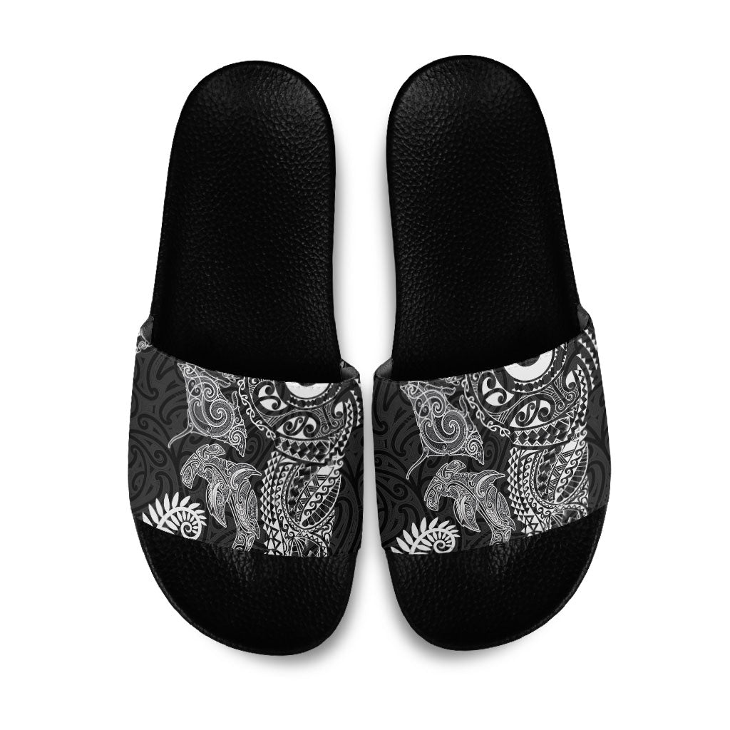 Aotearoa Maori Sea Animals Tribal Slide Sandals Manta Ray and Shark Moko Pattern Black Color