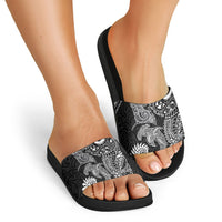 Aotearoa Maori Sea Animals Tribal Slide Sandals Manta Ray and Shark Moko Pattern Black Color