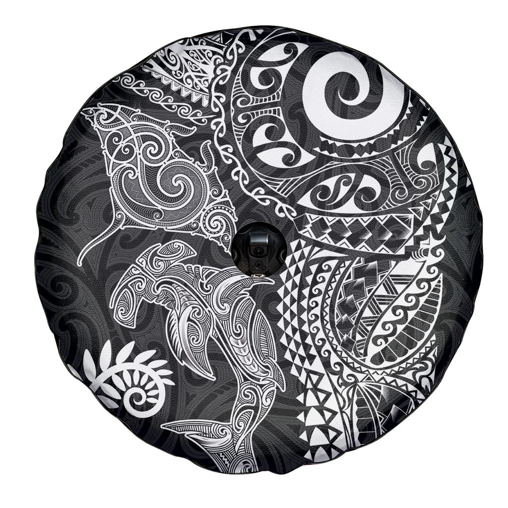 Aotearoa Maori Sea Animals Tribal Spare Tire Cover Manta Ray and Shark Moko Pattern Black Color