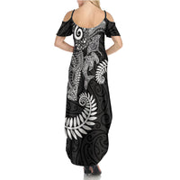 Aotearoa Maori Sea Animals Tribal Summer Maxi Dress Manta Ray and Shark Moko Pattern Black Color