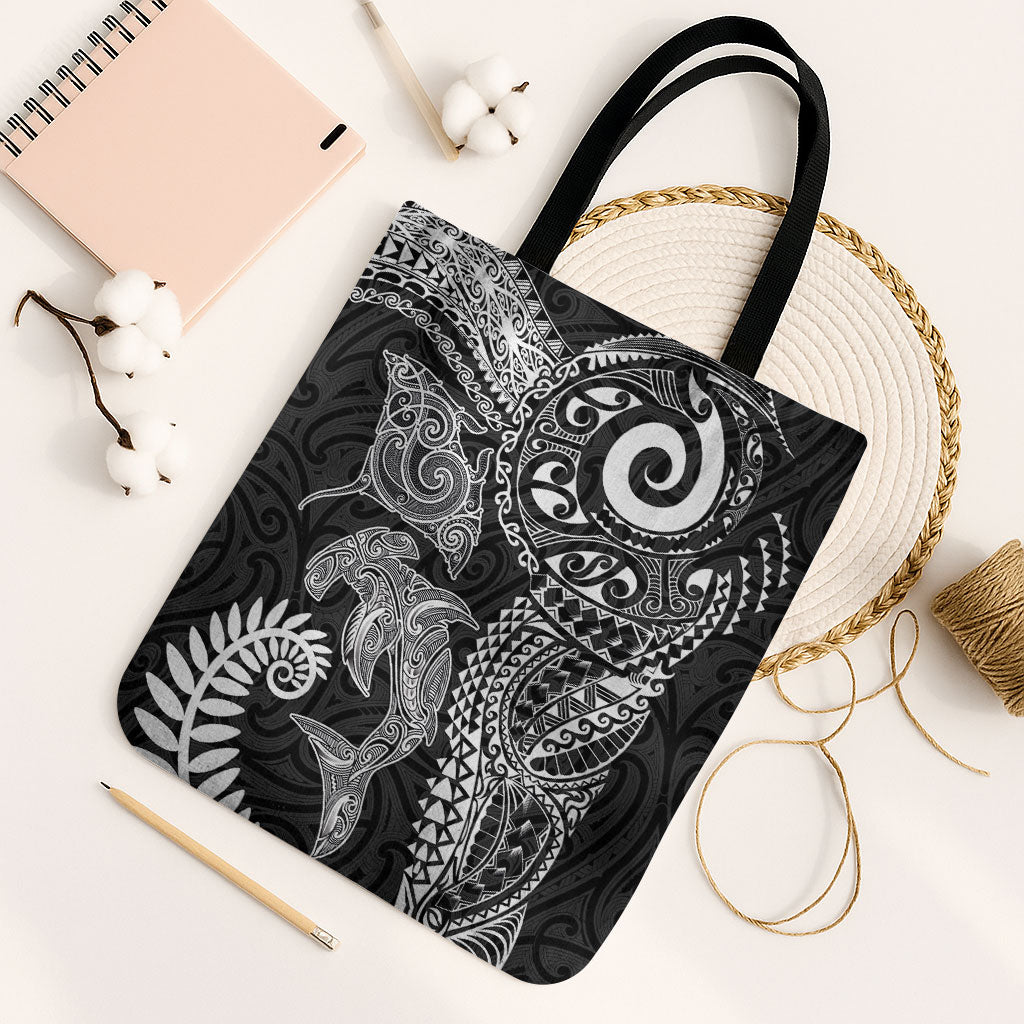 Aotearoa Maori Sea Animals Tribal Tote Bag Manta Ray and Shark Moko Pattern Black Color