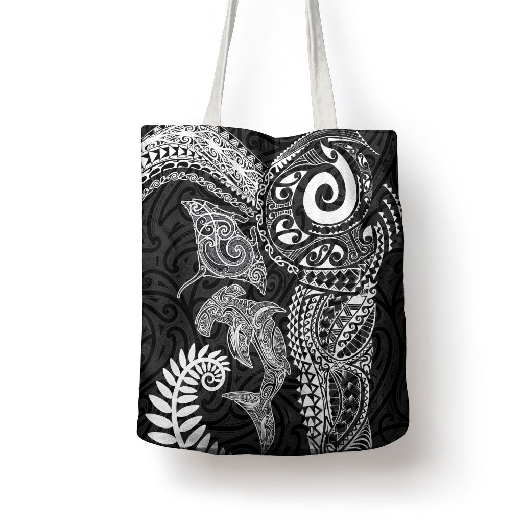 Aotearoa Maori Sea Animals Tribal Tote Bag Manta Ray and Shark Moko Pattern Black Color