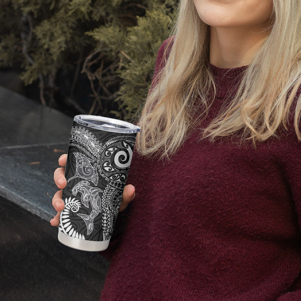 Aotearoa Maori Sea Animals Tribal Tumbler Cup Manta Ray and Shark Moko Pattern Black Color