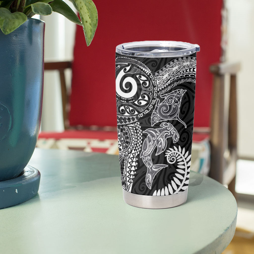 Aotearoa Maori Sea Animals Tribal Tumbler Cup Manta Ray and Shark Moko Pattern Black Color