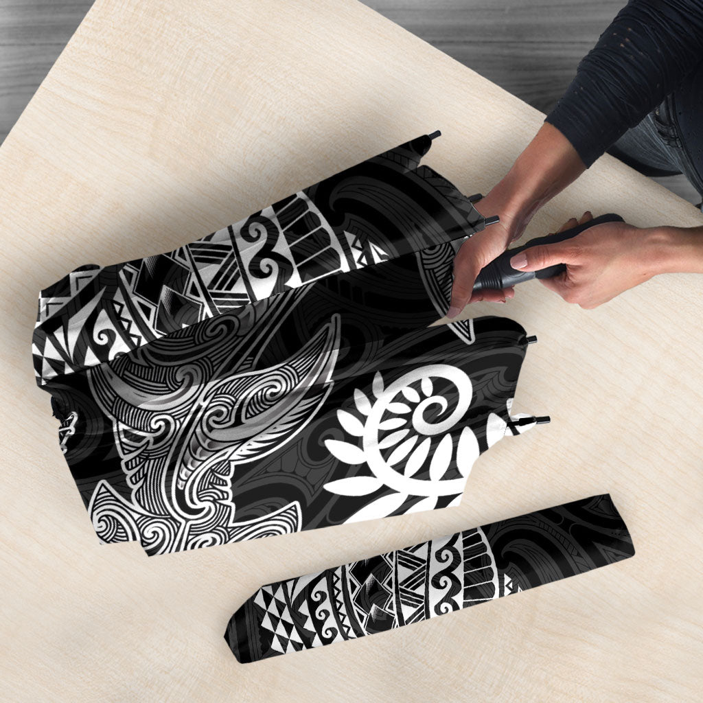 Aotearoa Maori Sea Animals Tribal Umbrella Manta Ray and Shark Moko Pattern Black Color
