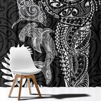 Aotearoa Maori Sea Animals Tribal Window Curtain Manta Ray and Shark Moko Pattern Black Color