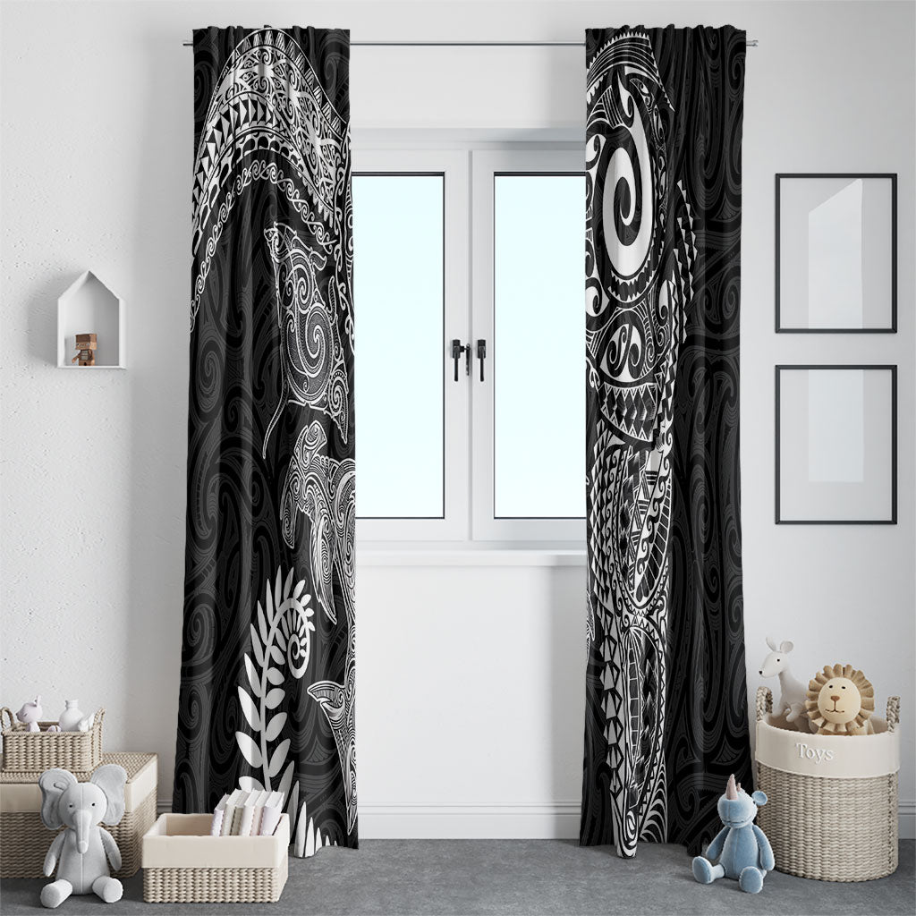 Aotearoa Maori Sea Animals Tribal Window Curtain Manta Ray and Shark Moko Pattern Black Color