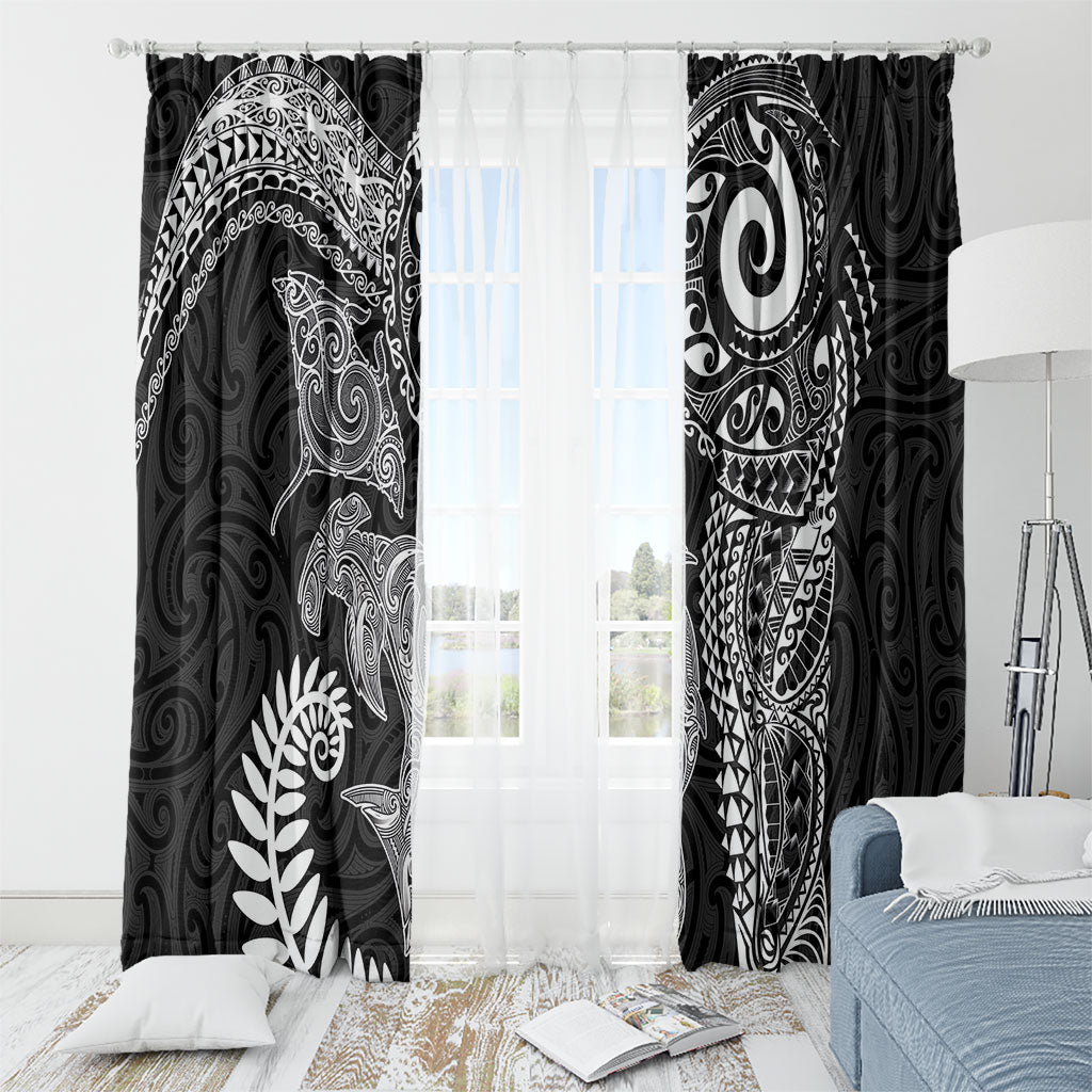 Aotearoa Maori Sea Animals Tribal Window Curtain Manta Ray and Shark Moko Pattern Black Color