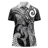 Aotearoa Maori Sea Animals Tribal Women Polo Shirt Manta Ray and Shark Moko Pattern Black Color