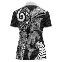 Aotearoa Maori Sea Animals Tribal Women Polo Shirt Manta Ray and Shark Moko Pattern Black Color
