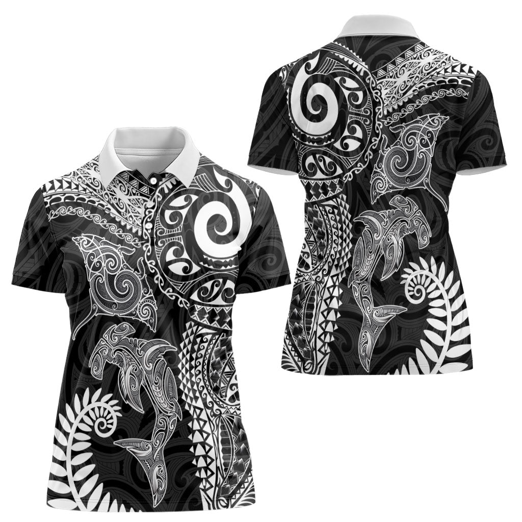 Aotearoa Maori Sea Animals Tribal Women Polo Shirt Manta Ray and Shark Moko Pattern Black Color