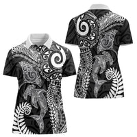 Aotearoa Maori Sea Animals Tribal Women Polo Shirt Manta Ray and Shark Moko Pattern Black Color
