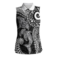 Aotearoa Maori Sea Animals Tribal Women Sleeveless Polo Shirt Manta Ray and Shark Moko Pattern Black Color