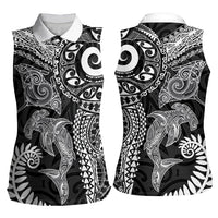 Aotearoa Maori Sea Animals Tribal Women Sleeveless Polo Shirt Manta Ray and Shark Moko Pattern Black Color
