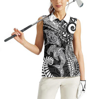 Aotearoa Maori Sea Animals Tribal Women Sleeveless Polo Shirt Manta Ray and Shark Moko Pattern Black Color