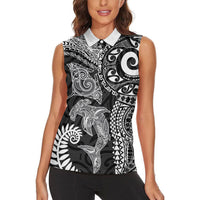 Aotearoa Maori Sea Animals Tribal Women Sleeveless Polo Shirt Manta Ray and Shark Moko Pattern Black Color