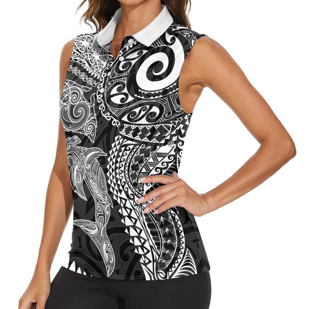 Aotearoa Maori Sea Animals Tribal Women Sleeveless Polo Shirt Manta Ray and Shark Moko Pattern Black Color
