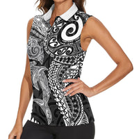 Aotearoa Maori Sea Animals Tribal Women Sleeveless Polo Shirt Manta Ray and Shark Moko Pattern Black Color