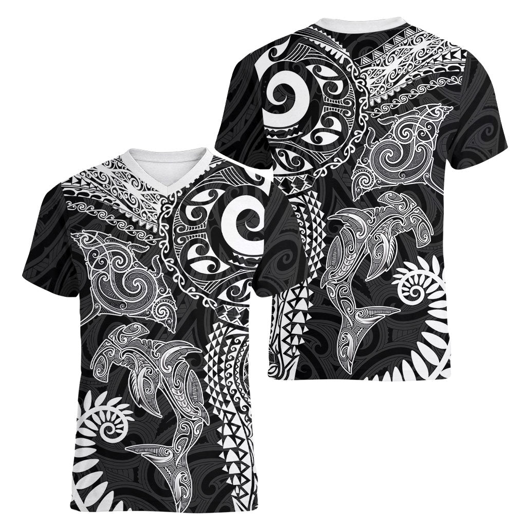 Aotearoa Maori Sea Animals Tribal Women V-Neck T-Shirt Manta Ray and Shark Moko Pattern Black Color
