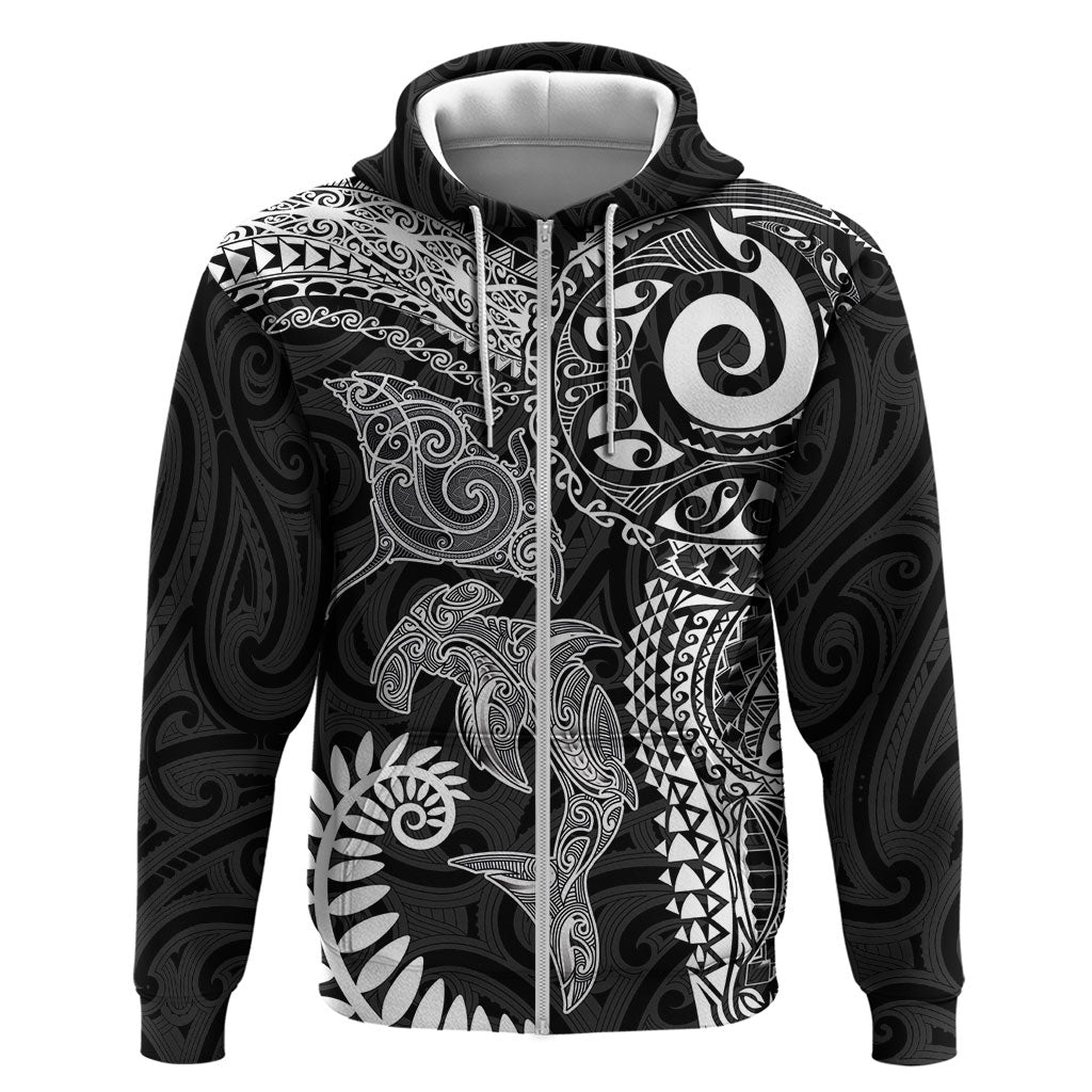 Aotearoa Maori Sea Animals Tribal Zip Hoodie Manta Ray and Shark Moko Pattern Black Color LT03 Zip Hoodie Black - Polynesian Pride