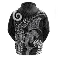 Aotearoa Maori Sea Animals Tribal Zip Hoodie Manta Ray and Shark Moko Pattern Black Color