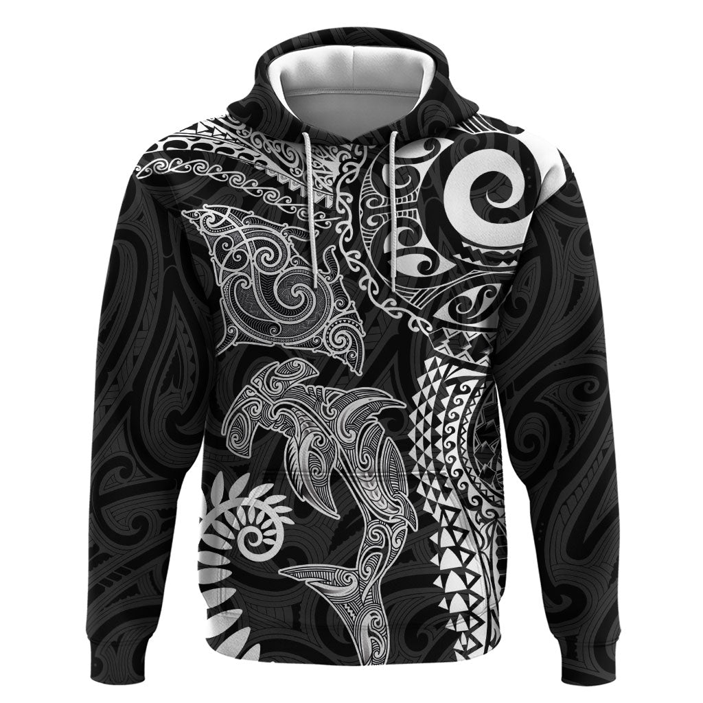 Aotearoa Maori Sea Animals Tribal Zip Hoodie Manta Ray and Shark Moko Pattern Black Color